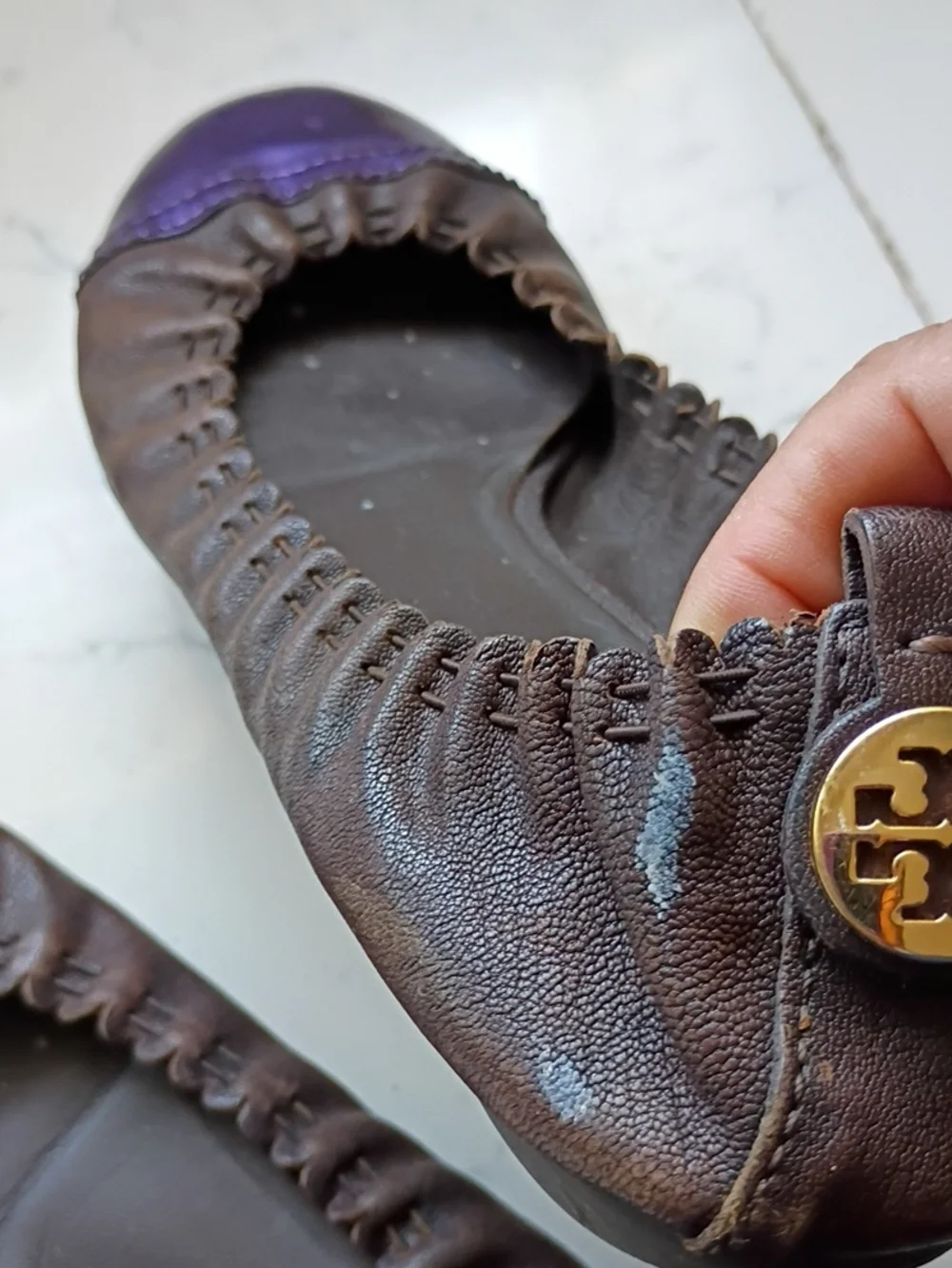 Tory Burch Brown Leather Ballet Flats with Metallic Purple Toe